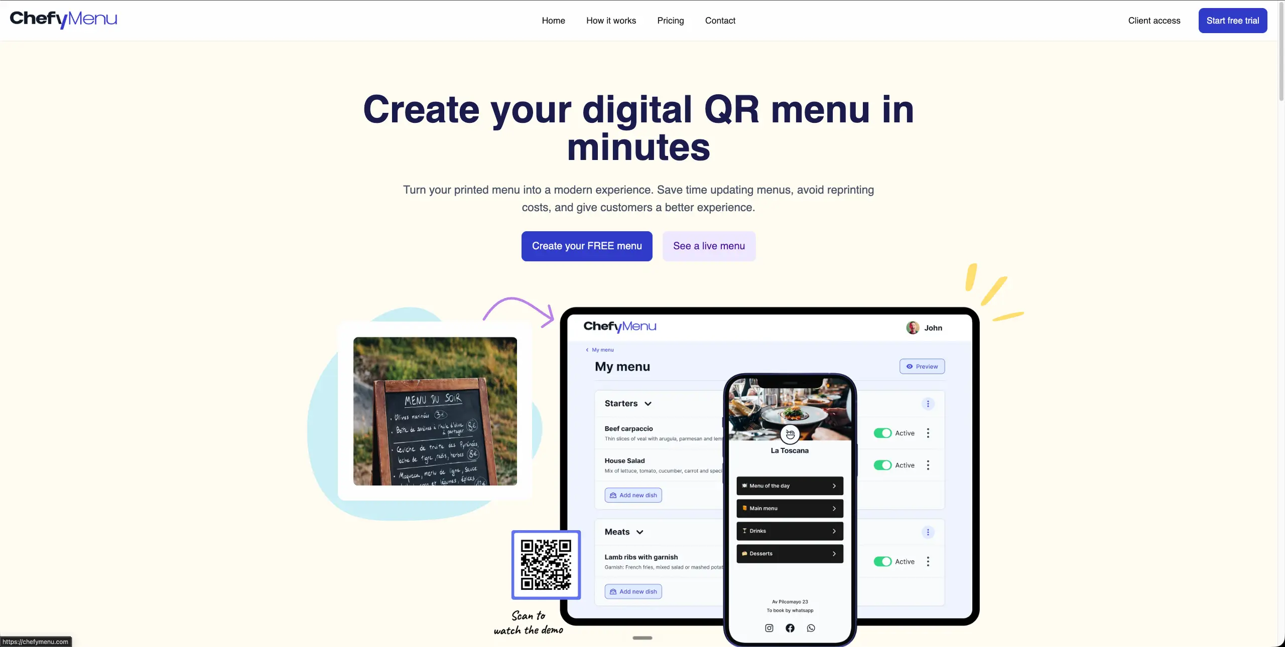 ChefyMenu landing page focused on restaurant digital menus